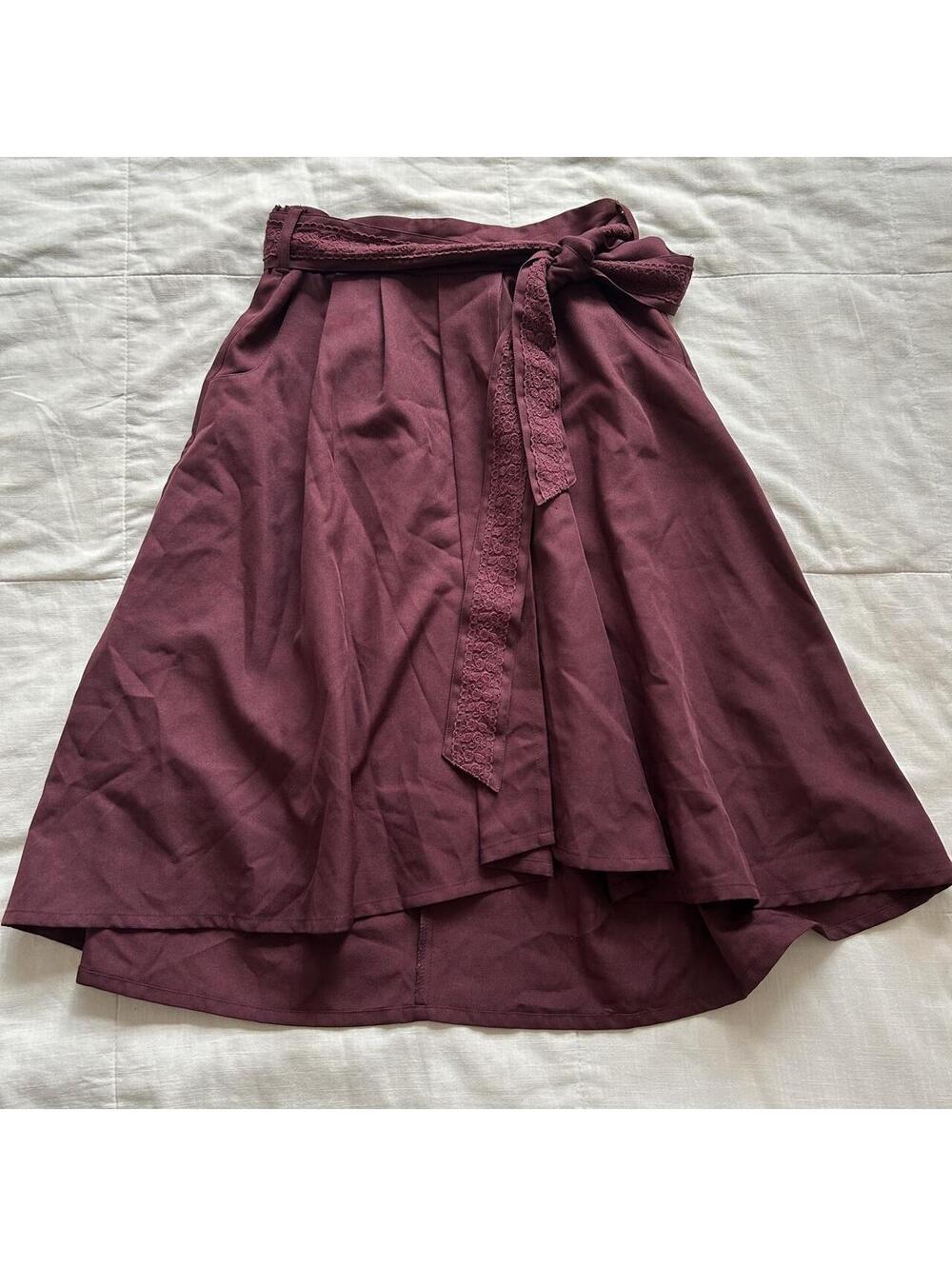 Axes Femme Burgundy Floral Lace Ribbon Bow Asymmetrical Midi Skirt M Japan